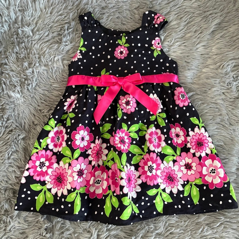 Rare Too Vintage Toddler Baby Dress Navy Pink Flowers Polka Dot‎ Girls 12 Months